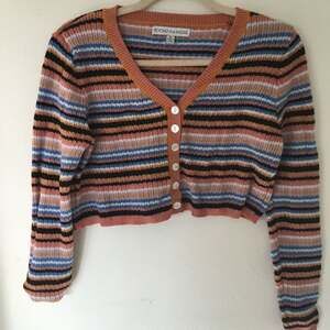 Beyond the Radar Striped Cropped Cardigan Sweater - Peach/Blue/Black/White